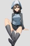  1girl black_hair blush breasts brown_eyes girls_und_panzer hat kanameya kneehighs long_hair looking_at_viewer mika_(girls_und_panzer) smile solo 