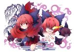  1girl black_bow blush bow cape danmaku disembodied_head energy_ball full_body glowing glowing_eye hair_bow high_collar long_sleeves looking_at_viewer monster_girl nukekubi red_eyes redhead sekibanki short_hair smile solo souma_mizuki touhou white_background 