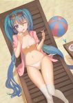  1girl :q absurdres aqua_hair baliu ball beach beach_chair beachball bikini blue_eyes hatsune_miku highres long_hair nail_polish navel one_eye_closed smile solo sunglasses sunglasses_on_head swimsuit thigh-highs tongue tongue_out twintails very_long_hair vocaloid white_bikini 