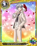  1boy bouquet card_(medium) character_name chess_piece flower high_school_dxd king_(chess) official_art short_hair silver_hair smile solo tagme trading_card vali_lucifer 