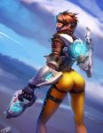  1girl ass bomber_jacket brown_hair dual_wielding earrings evulchibi gloves goggles gun handgun jacket jewelry light_smile looking_at_viewer looking_back overwatch pistol short_hair signature skin_tight solo thighs tracer_(overwatch) union_jack weapon 