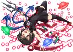  1girl :d asymmetrical_wings black_dress black_hair black_legwear bow bowtie danmaku dress full_body houjuu_nue looking_at_viewer memento_vivi open_mouth polearm red_bow red_bowtie red_eyes short_hair short_sleeves smile snake solo thigh-highs touhou trident ufo upside-down weapon white_background wings 