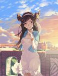  1girl aqueduct arch brown_hair ceda_(dace) city clouds horns jacket licking_lips long_hair looking_to_the_side orange_eyes sky solo tongue tongue_out 