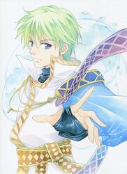  1boy agahari blue_eyes fire_emblem fire_emblem:_mystery_of_the_emblem green_hair marich solo traditional_media white_background 