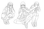  3girls blazer buttons cardigan cosmic_bear covering_ears covering_face covering_mouth jacket kneehighs lineart loafers long_hair looking_at_viewer monochrome multiple_girls original pleated_skirt school_uniform shoes short_hair sitting skirt smile spread_legs squatting three_monkeys 