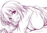  1girl :d blush breasts cleavage collared_shirt eyebrows eyebrows_visible_through_hair head_tilt large_breasts long_hair long_sleeves lying monochrome nori_tamago nose_blush on_stomach open_mouth pillow pink saigyouji_yuyuko shirt sketch smile solo touhou under_covers upper_body 