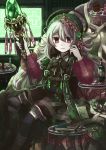  1girl book chain_chronicle chess_piece elf fantasy grey_hair jewelry looking_at_viewer mena original pointy_ears red_eyes sitting staff tagme wine_bottle 