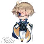  1boy blue_eyes blush brown_hair character_name chibi coccofyze full_body gillis glasses gloves inazuma_eleven_(series) inazuma_eleven_go inazuma_eleven_go_chrono_stone looking_at_viewer male_focus one_eye_closed parted_lips rapier short_hair simple_background solo sword weapon white_background 