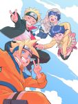  2boys 2girls ahoge blonde_hair blue_eyes boruto:_naruto_the_movie cosplay costume_switch family forehead_protector highres holding_hands hood hoodie hyuuga_hinata jacket lavender_eyes looking_at_viewer midair multiple_boys multiple_girls naruto purple_hair risuo smile spiky_hair time_paradox uzumaki_boruto uzumaki_himawari uzumaki_naruto v whiskers 