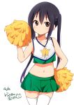  1girl black_hair blush cheerleader collarbone commentary_request cowboy_shot dated eyebrows eyebrows_visible_through_hair female green_skirt hand_on_hip holding k-on! legs_together long_hair looking_at_viewer midriff nakano_azusa navel pleated_skirt pom_poms ragho_no_erika red_eyes sidelocks simple_background skirt sleeveless smiley_face solo standing star_print stomach tank_top tareme thigh-highs twintails white_background white_legwear zettai_ryouiki 