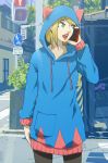  1girl animal_ears blonde_hair blue_eyes building cat_ears cellphone erica_lahaie fake_animal_ears highres hood hoodie leaf light looking_to_the_side open_mouth original phone plant pocket road_sign sidewalk sign signature smartphone solo sweater traffic_light translation_request 