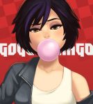  1girl big_hero_6 black_hair brown_eyes bubble_blowing bubblegum character_name gogo_tomago jacket leather leather_jacket maou_alba multicolored_hair off_shoulder portrait purple_hair short_hair solo 