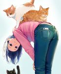  bent_over black_eyes black_hair cat cellphone character_request denim hands_on_own_knees highres jeans long_sleeves looking_back lying nashigaya_koyomi on_back pants parted_lips phone 
