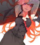  1girl arms_up bat_wings blue_eyes blush dutch_angle haruba_negi highres koakuma long_hair long_sleeves looking_at_viewer lying necktie on_back open_mouth redhead shirt skirt skirt_set smile solo touhou vest violet_eyes wings 