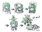  1girl alcohol blue_eyes blush_stickers detached_sleeves frog_hair_ornament green_hair hair_ornament hair_tubes highres itatatata kochiya_sanae lying on_stomach one_eye_closed sake simple_background snake_hair_ornament solo sprout touhou translation_request white_background 