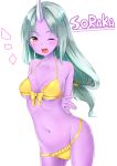  1girl ;d absurdres alternate_hair_color aqua_hair arms_behind_back ass_visible_through_thighs bare_shoulders blush breasts character_name highres horn league_of_legends long_hair looking_at_viewer midriff nanabe navel one_eye_closed open_mouth purple_skin smile solo soraka standing underwear white_background yellow_eyes 