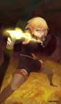  1girl aiming arrow black_gloves blonde_hair boots bow_(weapon) breasts cra elbow_gloves evangelyne fingerless_gloves freckles full_body gloves glowing green_eyes nose ohnarev pointy_ears short_hair solo thigh-highs thigh_boots unitard wakfu weapon 