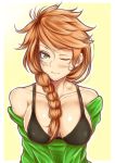  1girl ;) bare_shoulders bikini bikini_top black_bikini blue_eyes border braid breasts cleavage closed_mouth collarbone covered_nipples gankami head_tilt large_breasts leah_(stardew_valley) looking_at_viewer messy_hair off-shoulder_sweater one_eye_closed orange_hair simple_background single_braid smile solo stardew_valley sweater swimsuit upper_body v_arms white_border yellow_background 