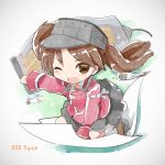  1girl airplane brown_eyes brown_hair character_name full_body japanese_clothes kamiyoshi_rika kantai_collection kariginu magatama one_eye_closed onmyouji open_mouth oversized_object platform_footwear ryuujou_(kantai_collection) scroll shikigami sitting smile solo traditional_media twintails visor_cap wariza watercolor_(medium) 