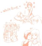  ... 2girls arm_grab artist_name blanket blush cheek-to-cheek closed_eyes english floral_print girl_on_top kuma_(bloodycolor) monochrome multiple_girls pillow ruby_rose rwby scar scar_across_eye scarf shared_scarf sleep_mask straddling weiss_schnee yuri 