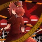  1girl arano_oki caution_tape dress hair_bobbles hair_ornament hat kawashiro_mitori looking_at_viewer puffy_short_sleeves puffy_sleeves red_dress red_eyes redhead road_sign short_sleeves sign solo tile_floor tiles touhou twintails wrist_cuffs 