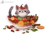  :3 animal bowl cat closed_mouth cryptid_creations food fruit full_body fur grey_fur in_bowl in_container leaf leaf_on_head looking_at_viewer orange orange_slice original pointy_ears simple_background smile watermark web_address whiskers white_background 