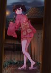  1girl bangs bare_legs beige_bow blue_ribbon blunt_bangs blush building choker closed_mouth from_behind frown geta hair_ribbon highres house japanese_clothes kimono koutetsujou_no_kabaneri lantern light long_sleeves looking_at_viewer looking_back mud mumei_(kabaneri) night no_legwear pipes ponytail red_ribbon ribbon rooftop sandals short_twintails solo twintails wide_sleeves wujia_xiaozi yellow_eyes 