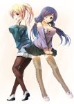  2girls ayase_eli blonde_hair blush breasts cleavage green_eyes highres long_hair looking_at_viewer love_live!_school_idol_project low_twintails multiple_girls one_eye_closed open_mouth pantyhose ponytail purple_hair ribbed_sweater scrunchie smile sweater thigh-highs toujou_nozomi twintails yuuki_makoto_(radiant) 