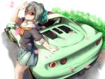  1girl aqua_hair bangs black_serafuku blunt_bangs blush bow bush car cherry_blossoms closed_mouth collar covering_eyes eyebrows eyebrows_visible_through_hair glass green_bow green_skirt hair_bow highres kantai_collection leaning_back lips long_hair looking_at_viewer lotus_cars lotus_elise motion_blur motor_vehicle neckerchief orange_(sal1014) outdoors petals plant pleated_skirt ponytail red_eyes school_uniform serafuku shadow simple_background skirt smile solo standing sunlight transparent vehicle white_background window yuubari_(kantai_collection) 