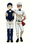  2boys ammonio arm_around_shoulder arm_behind_back baseball_cap baseball_mitt baseball_uniform black_hair chest_protector cleats closed_eyes hat leg_guards looking_at_another multiple_boys original simple_background smile sportswear umpire white_background 