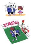  2boys 2koma androgynous anger_vein armor ballet_slippers brown_hair cheering closed_eyes comic frisk_(undertale) gloves hand_in_pocket hood hoodie japanese laughing macotea multiple_boys papyrus_(undertale) pointing sans scarf shirt shorts simple_background skeleton slippers socks striped striped_shirt submission_hold tap_out tearing_up translation_request tutu undertale white_background wrestling wrestling_ring 
