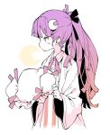  1girl blush crescent crescent_hair_ornament dress hair_ornament hat hat_removed headwear_removed long_hair long_sleeves mob_cap morino_hon patchouli_knowledge ponytail profile purple_hair solo striped striped_dress touhou vertical_stripes violet_eyes wide_sleeves 