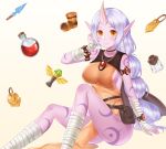  1girl arm_wraps armlet blush boots bracelet breasts highres horn jewelry league_of_legends leg_wraps long_hair looking_at_viewer pointy_ears ponytail potion pouch purple_skin sideboob sitting smile solo soraka tagme tl_astral7536 very_long_hair ward white_hair yellow_eyes 