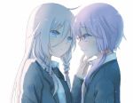  2girls blue_eyes bow braid from_side hair_between_eyes hair_bow hair_ornament ia_(vocaloid) jacket long_hair looking_at_another mimengfeixue multiple_girls necktie open_mouth purple_hair shirt short_hair short_hair_with_long_locks sidelocks silver_hair tears upper_body violet_eyes vocaloid voiceroid white_background yuzuki_yukari 