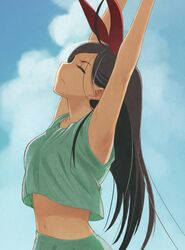  1girl ahoge armpits arms_up bangs bare_shoulders blue_sky blush brown_hair closed_eyes closed_mouth clouds collarbone copyright_request cowboy_shot day green_shirt green_skirt hair_over_eyes hair_ribbon hirokiku long_hair midriff navel red_ribbon ribbon shirt sketch skirt sky sleeveless solo stomach stretch swept_bangs tank_top very_long_hair 