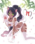  1girl all_fours animal_ears bare_shoulders black_hair bow cat_ears cat_lingerie cat_paws cat_tail cleavage_cutout dark_skin green_eyes highres kneeling league_of_legends midriff nidalee paws pink_bow ponytail solo tail tail_bow thigh-highs tl_astral7536 underwear white_legwear 