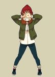 1girl ammonio beanie brown_hair covered_eyes denim full_body green_background green_jacket grin hat jacket jeans jewelry legs_apart necklace original pants parted_lips shirt shoes simple_background smile solo teeth white_shirt 