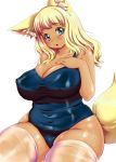  1girl animal_ears belly blonde_hair blue_eyes breasts cleavage covered_navel fox_ears fox_tail highres huge_breasts kokumotsu navel original plump school_swimsuit smile solo swimsuit tail tan thigh-highs 