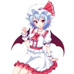  1girl :d arm_at_side bat_wings blue_hair blush buttons center_frills collar collarbone dress frilled_collar frilled_cuffs frilled_dress frills hat hat_ribbon head_tilt junior27016 mob_cap open_mouth pointy_ears red_eyes red_ribbon remilia_scarlet ribbon short_hair simple_background sitting smile solo tooth touhou tsurime white_background white_dress white_hat wings wrist_cuffs 