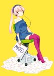  1girl breasts chair collarbone expressionless full_body headphones holding jitome long_hair looking_at_viewer makaroll no_shoes off_shoulder office_chair original paper pink_eyes pink_hair pink_legwear shirt side_ponytail simple_background sitting sketchbook solo thigh-highs yellow_background 