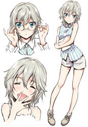  1girl :d absurdres anastasia_(idolmaster) bespectacled blue_eyes glasses highres idolmaster idolmaster_cinderella_girls looking_at_viewer open_mouth rimless_glasses short_hair silver_hair simple_background smile solo suzuki24 white_background 