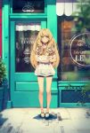  1girl bakery bare_legs blonde_hair blouse bread carrying collarbone door expressionless food full_body highres long_hair looking_at_viewer original pastry shop short_shorts shorts silhouette solo standing storefront window yellow_eyes yohan12 