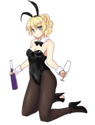  1girl animal_ears black_legwear blonde_hair bunny_girl bunnysuit cup detached_collar drinking_glass gomi_(gomitin) green_eyes high_heels highleg highleg_leotard kneeling leotard looking_at_viewer mizuhashi_parsee pantyhose pointy_ears rabbit_ears strapless strapless_leotard touhou wine_bottle wine_glass wrist_cuffs 