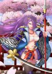  1girl absurdres bell breasts cherry_blossoms cleavage flower hair_over_one_eye highres katana long_hair original polearm ponytail purple_hair smile solo spear sword thigh-highs urkaze_(urture) violet_eyes weapon 