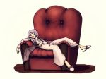  1girl armchair blue_hair chair closed_eyes demon_wings full_body moonywitcher pajamas remilia_scarlet short_hair solo touhou wings 