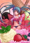  1girl :o aqua_hair blueberry brown_eyes crop_top elbow_gloves food fruit gloves hatsune_miku highres ice_cream ice_cream_cone in_food long_hair midriff navel oreo pink_gloves scrunchie solo strawberry twintails vera_(vera_alexs) very_long_hair vocaloid 