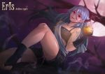  1girl apple artist_name blue_hair branch food fruit highres long_hair looking_to_the_side moon night parted_lips rebe11 red_eyes shorts sitting smile smoke socks solo star tattoo tree 