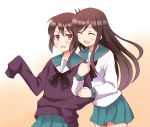  2girls a_channel arm_grab blush brown_hair ichii_tooru long_hair looking_at_another multiple_girls nishi_keiko open_mouth red_eyes school_uniform short_hair simple_background skirt sleeves_past_wrists smile white_background 