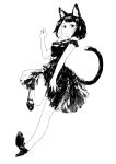  1girl animal_ears bangs bare_shoulders black_dress black_hair blunt_bangs cat_ears cat_tail choker dress frilled_dress frills halterneck hand_up high_heels jaco layered_dress leg_up looking_at_viewer looking_to_the_side monochrome off-shoulder_dress off_shoulder original short_hair skirt_hold sleeveless slit_pupils solo spot_color tail white_background yellow_eyes 