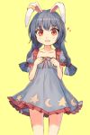  1girl :d animal_ears blue_dress blue_hair blush collarbone cowboy_shot crescent dress eyebrows eyebrows_visible_through_hair hair_ribbon heart highres legs_apart looking_at_viewer low_twintails open_mouth puffy_short_sleeves puffy_sleeves rabbit_ears red_eyes red_ribbon ribbon seiran_(touhou) shiny shiny_skin shone short_sleeves simple_background smile solo star touhou twintails yellow_background 